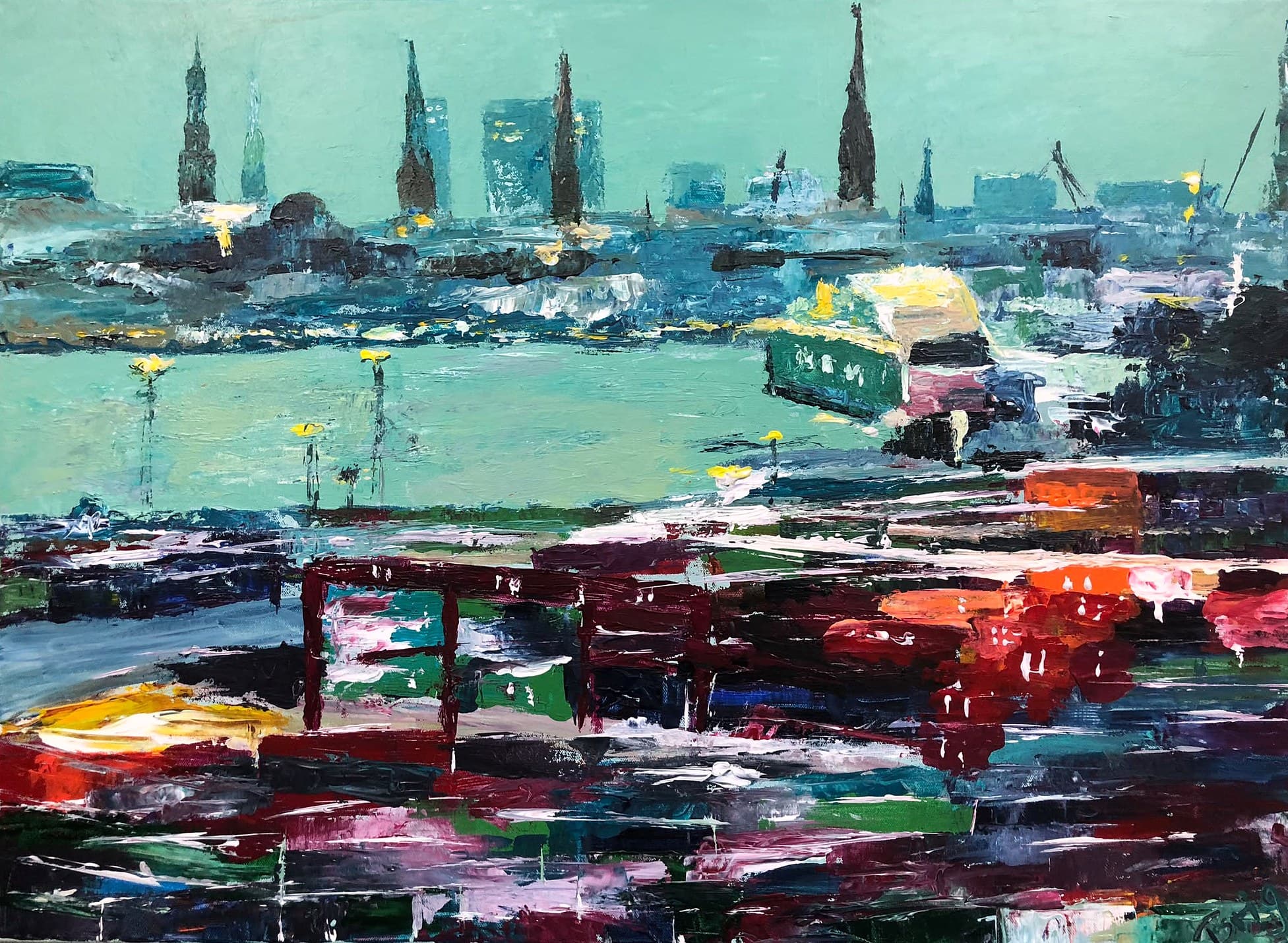 „Hamburger Hafen“ – Gemälde von Brig, Acryl auf Leinwand