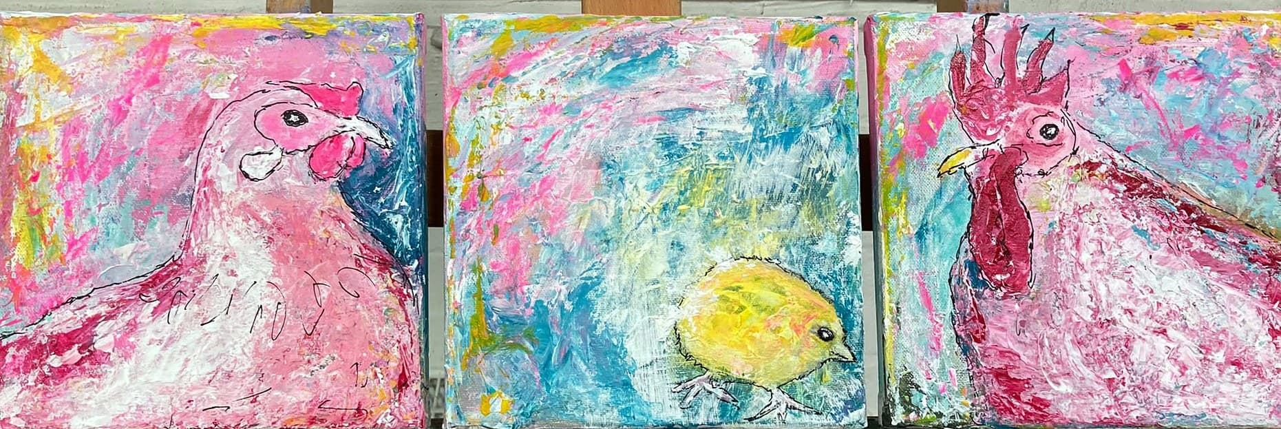 „Henne, Küken, Hahn“ – Gemälde von Brig, Acryl auf Leinwand