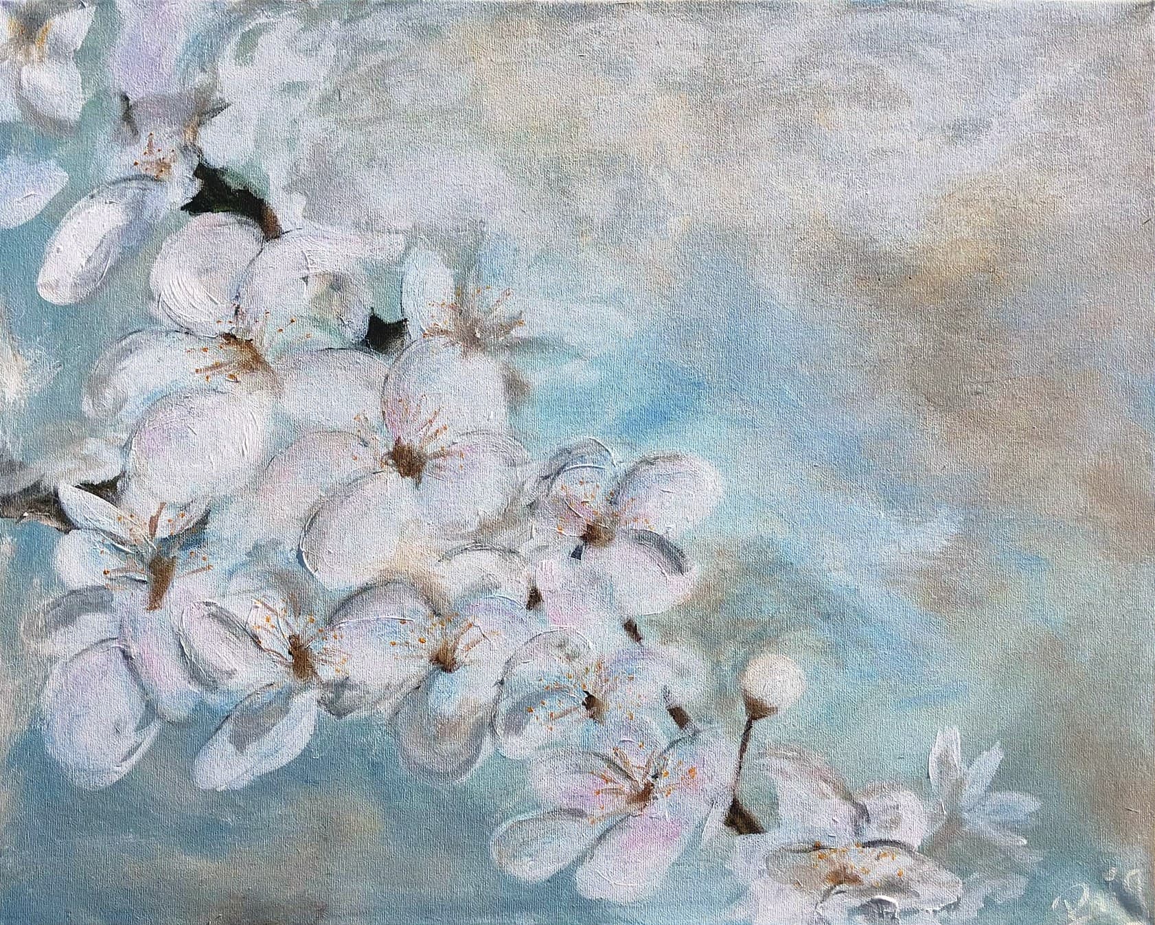 „Weiße Blüten“ – Gemälde von Brig, Acryl auf Leinwand