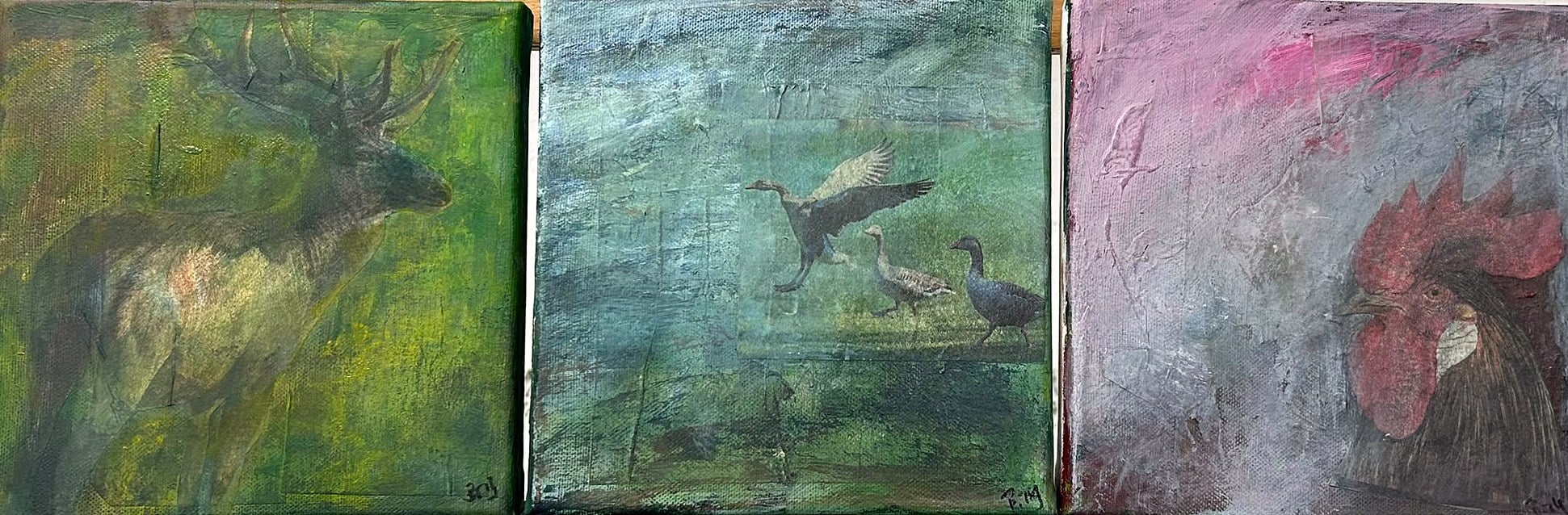 „Hirsch, Gänse, Hahn“ – Gemälde von Brig, Acryl auf Leinwand